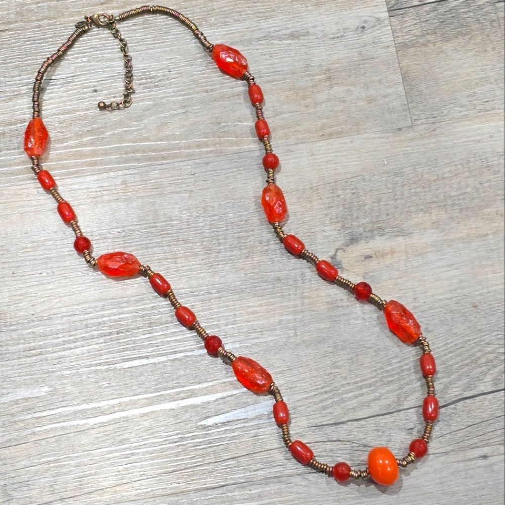 Chicos Amber Bronze and Carnelian Beaded Necklace. Long 36 inch plus 4" Extender